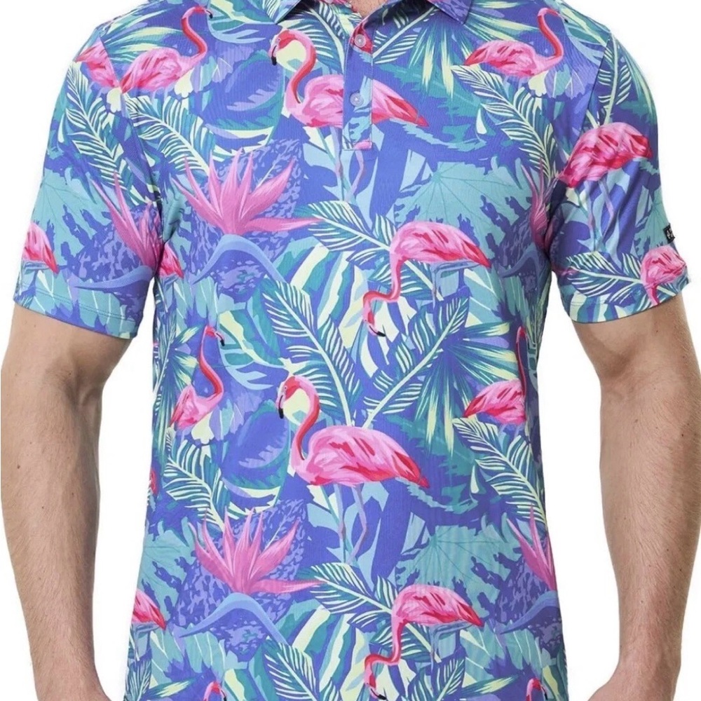Sporty Buff Men's S/M Golf Polo Shirt Flamingos Performance Quick Dry Summer‎